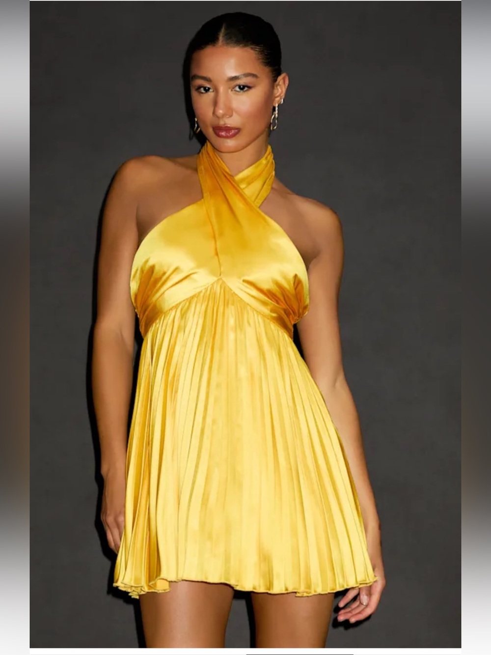 NWT‎ Lulus Renlee Golden Yellow Halter Pleated Mini Dress size Large